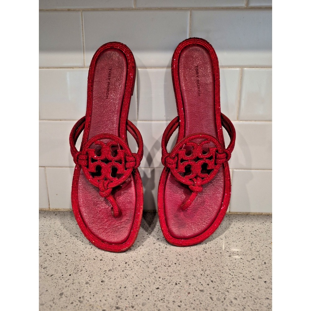 Tory Burch Women's Red Patent Leather Logo Rhinestone Thong Slip-On Sandals 10.5 - Picture 4 of 7